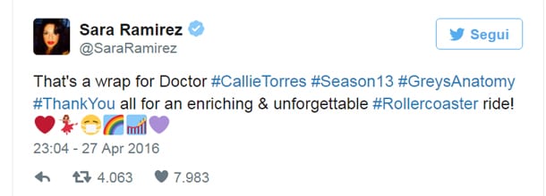 Grey's Anatomy: addio a Callie? Il messaggio di Sara Ramirez su Twitter