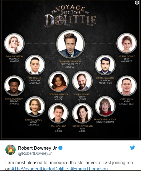 Robert Downey Jr. presenta su Twitter il cast stellare di "The Voyage of Doctor Doolittle" [FOTO]